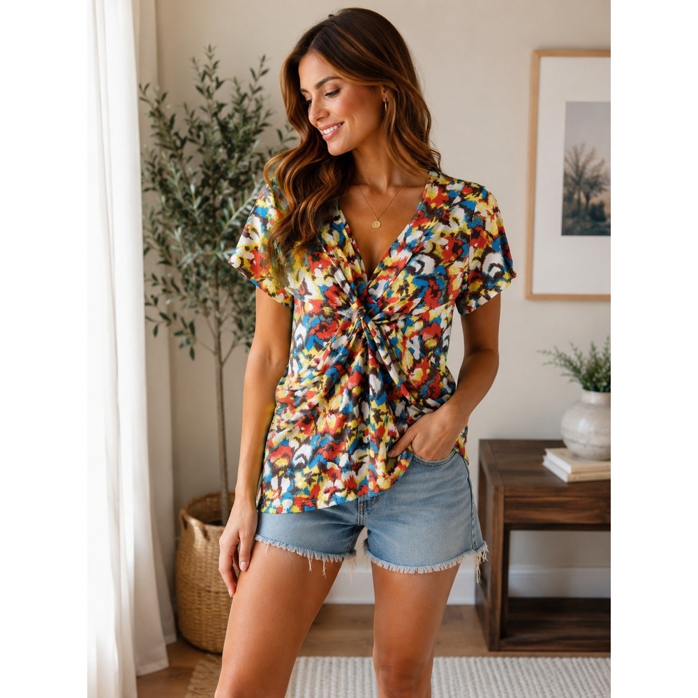 Rafaella Studio Womens XL Abstract Floral Twist Front Blouse Career Casual Soft
